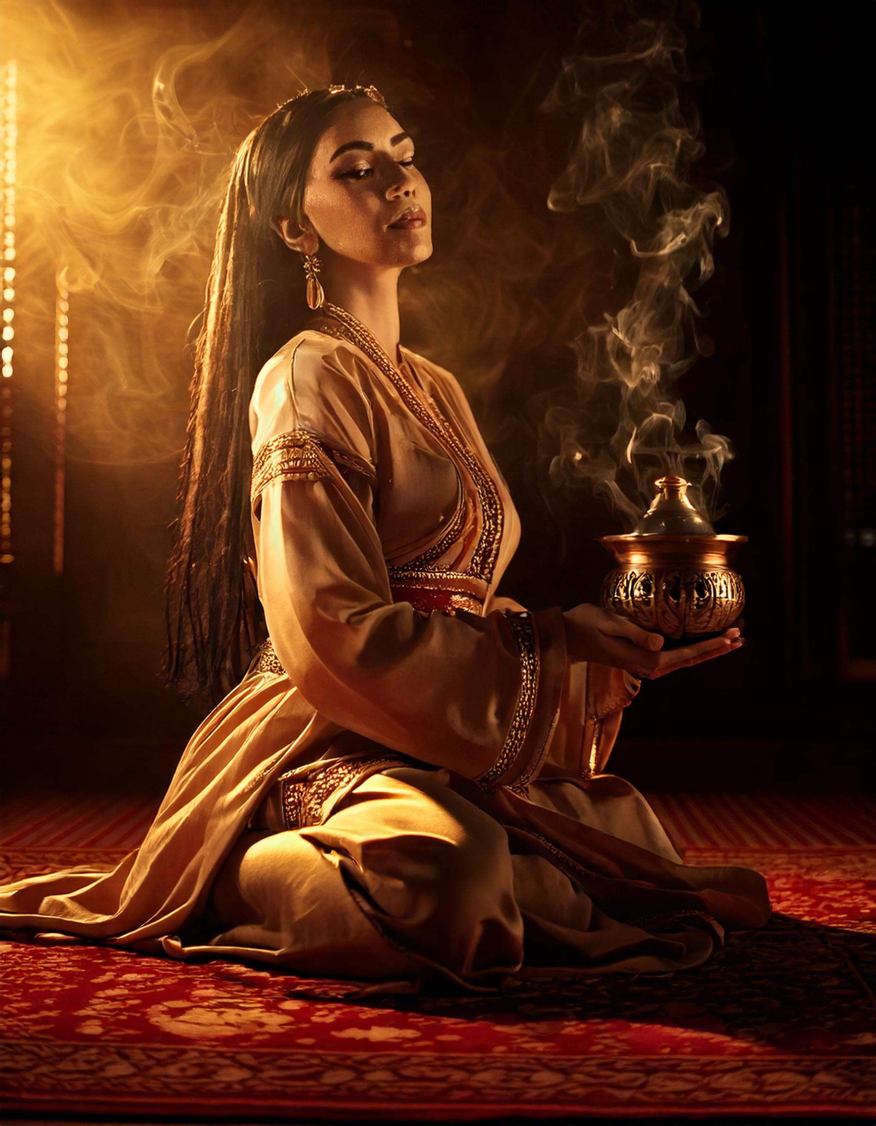 Firefly Photo sombre, décors dominante ocre, d'une femme orientale assise en tailleur dans la pénomb (9)