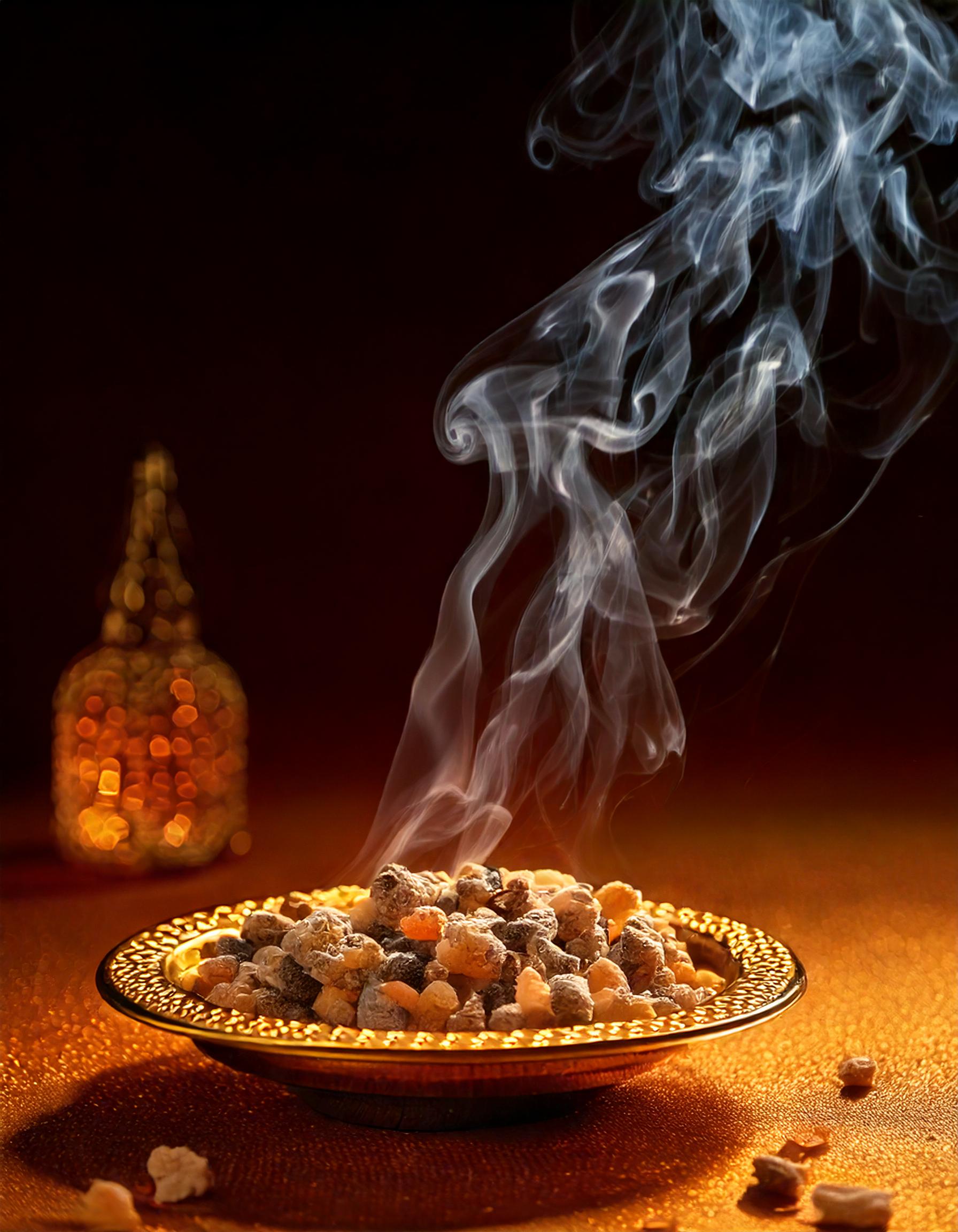 Firefly petite assiette dorée remplie de petits cailloux d'encens Royal hojari avec de la fumée dans